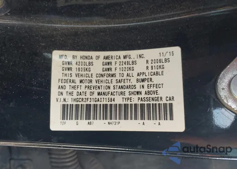 2016 Honda Accord Lx from USA, damaged, VIN 1HGCR2F31GA071584